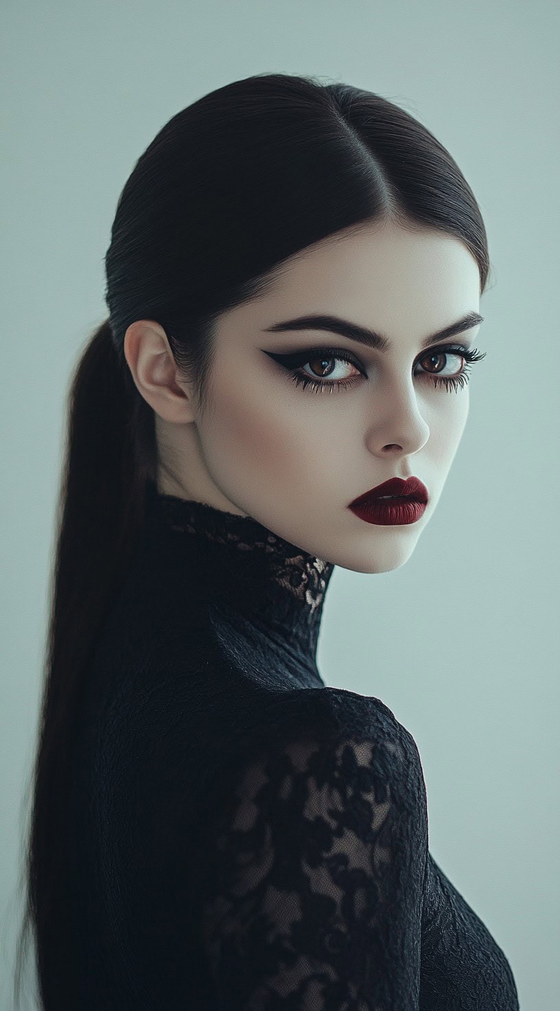 Side view of a woman with a sleek low ponytail and vampire makeup.