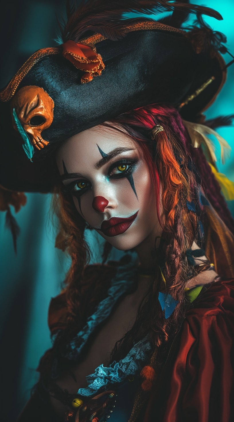 Neon-colored strands and braids under a pirate hat with clown makeup.