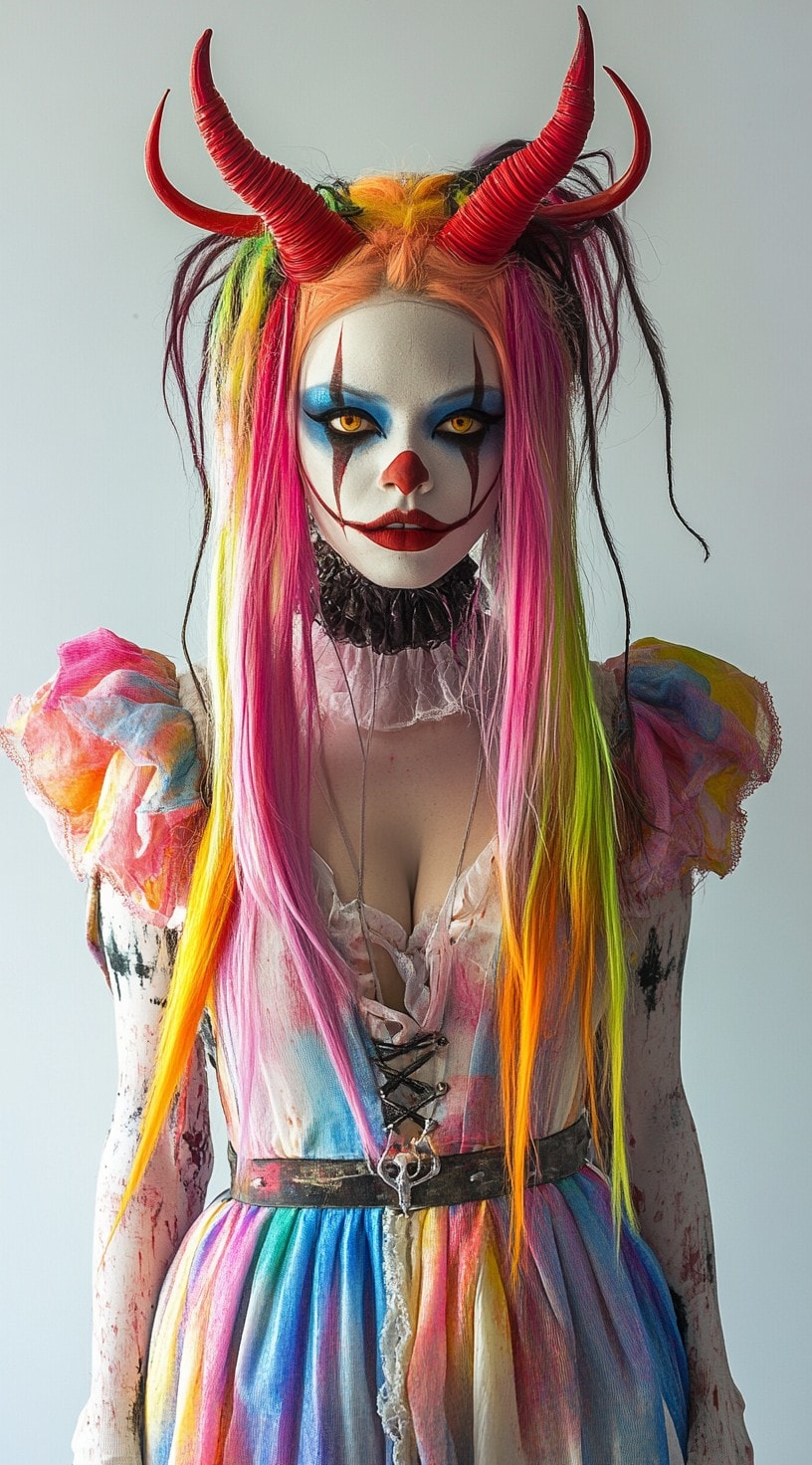 Sleek long hair with colorful horns and messy neon-colored top strands.