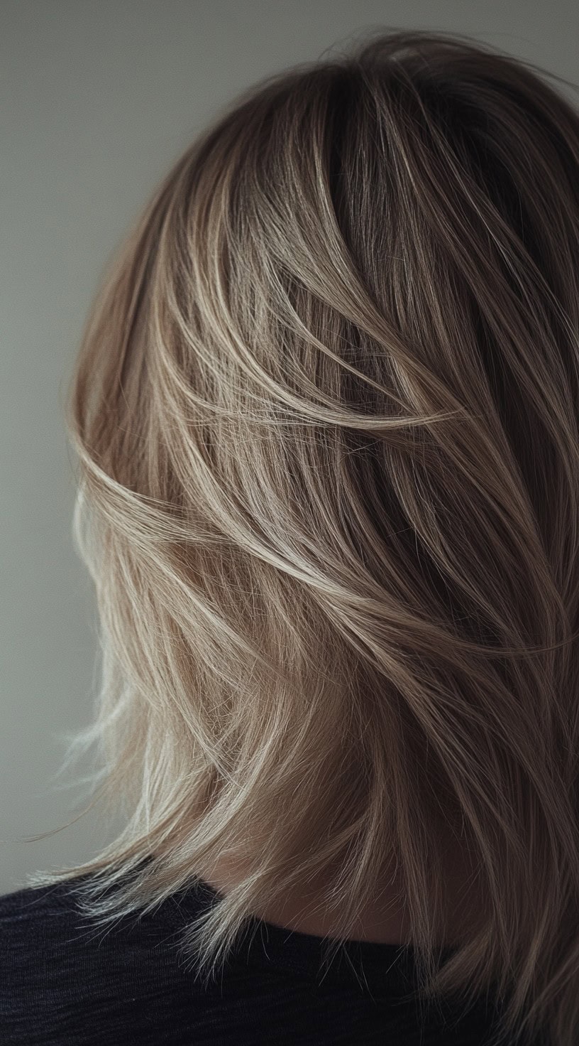 Back view of a layered bob with cool beige blonde highlights on dirty blonde hair.