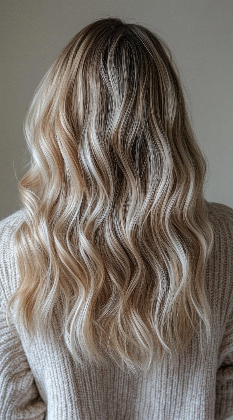 Back view of long, wavy hair with cool platinum blonde highlights on dirty blonde hair.