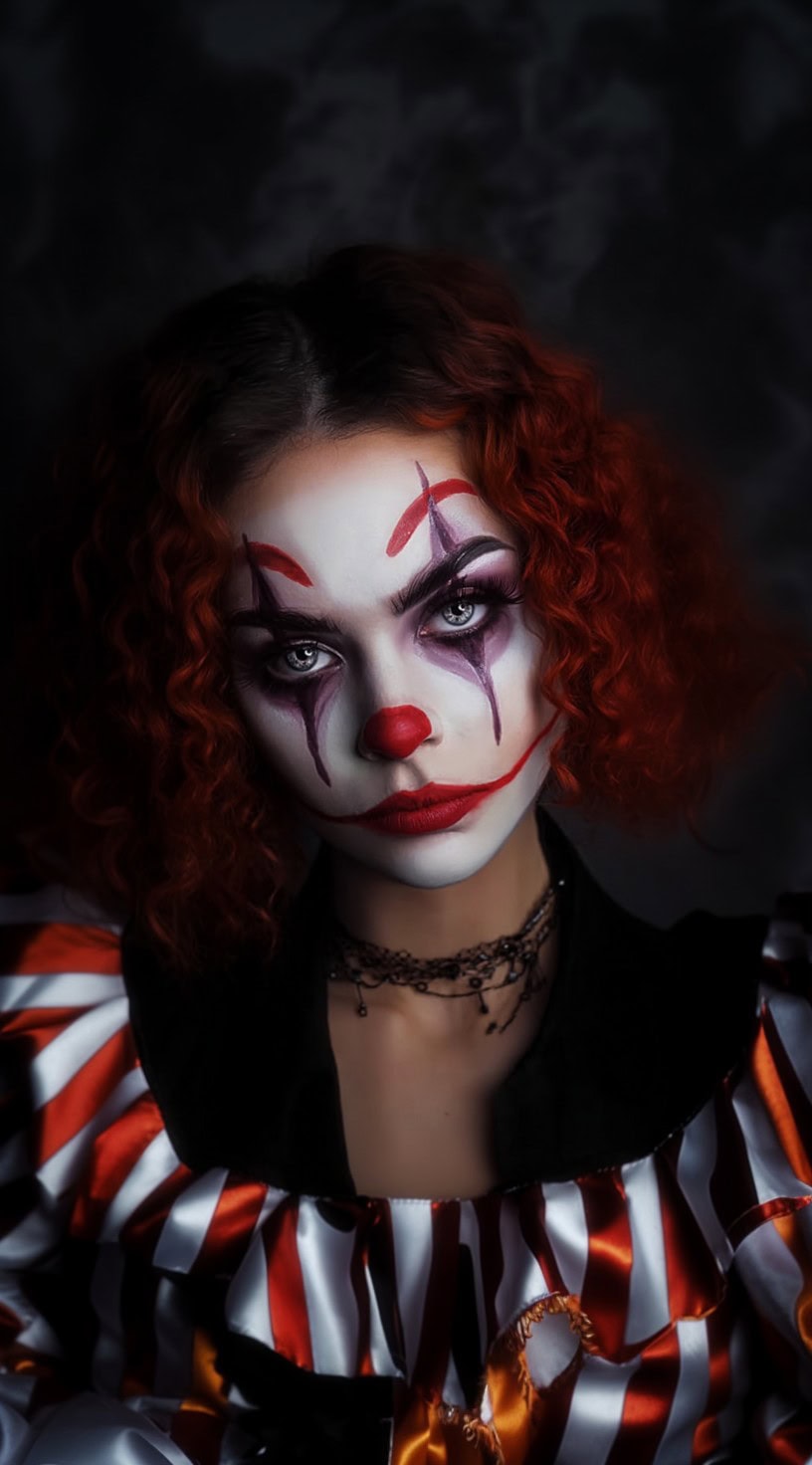 Person with shoulder-length copper-red curls and dramatic clown face paint in a dark, moody setting.