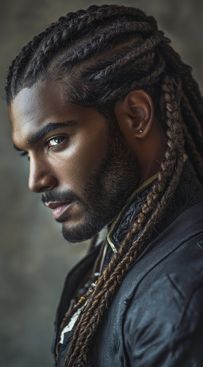 Man with tightly braided cornrows, wearing a pirate costume and giving a fierce look.