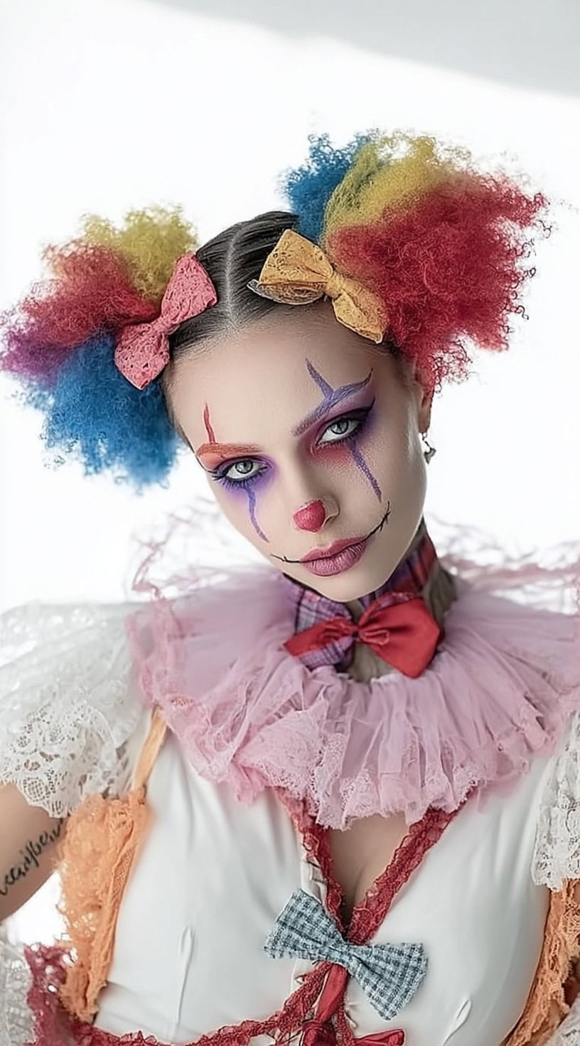 Person with two afro puffs dyed red, yellow, and blue, decorated with large bows and bright clown makeup.