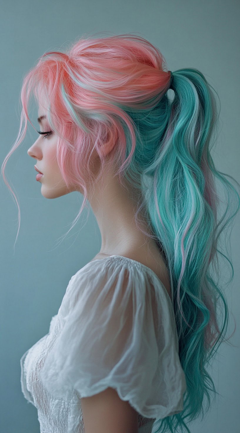 This image shows a person with a high ponytail, featuring cotton candy colors of pink and teal.