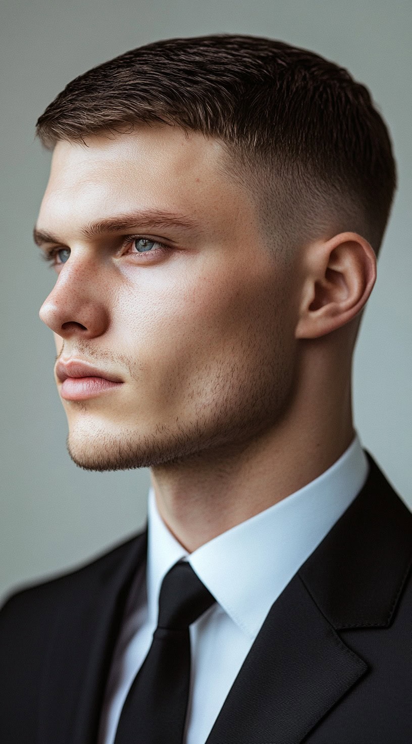 A young man with a short crew cut wearing a suit.