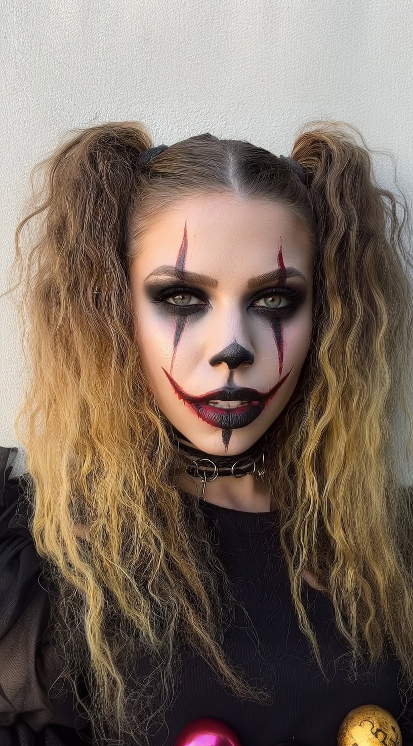 Person with voluminous crimped pigtails, smoky eye makeup, and red clown face paint on a pale backdrop.