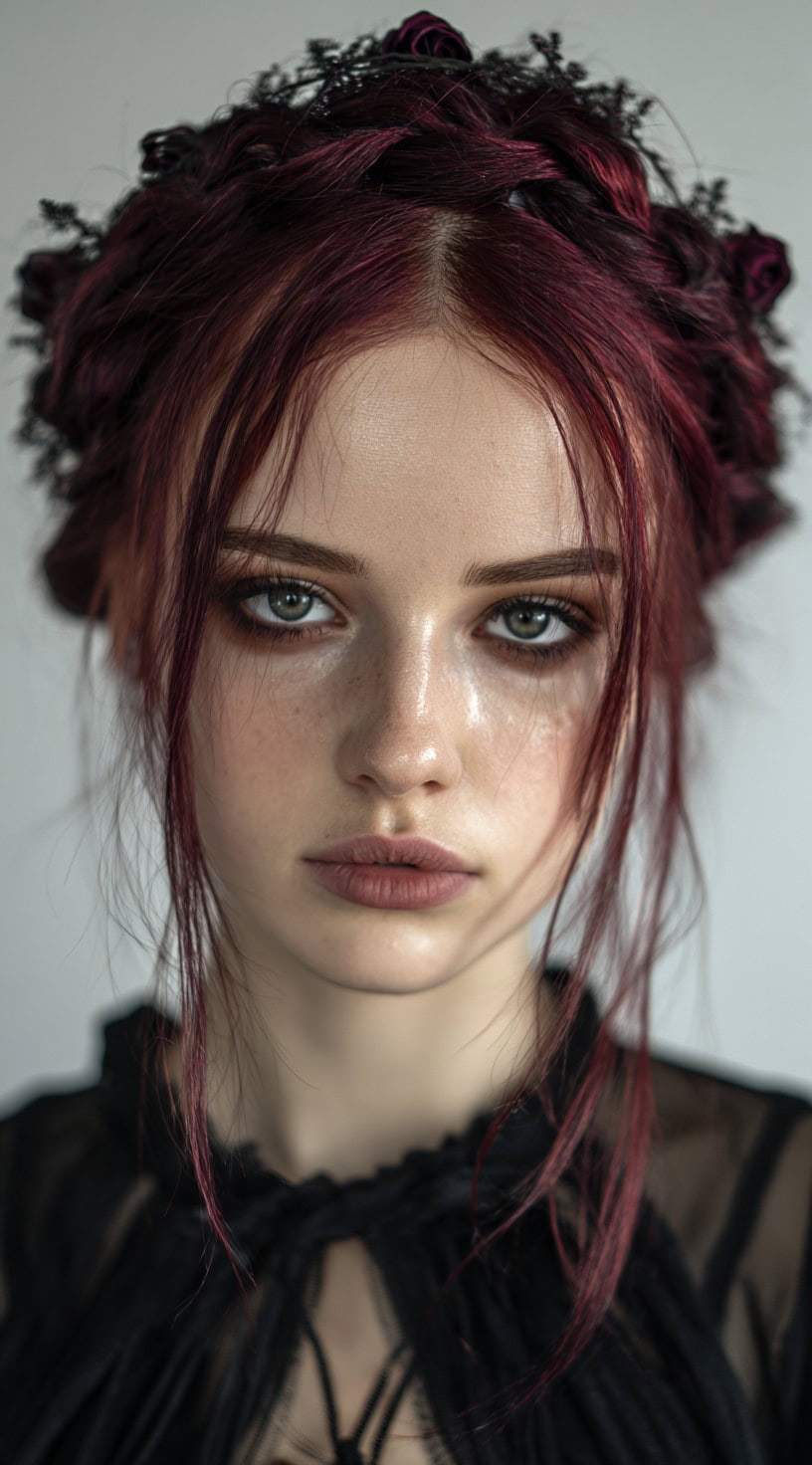 A woman with vibrant red hair styled in a braided crown adorned with black lace and dark red rose accents.