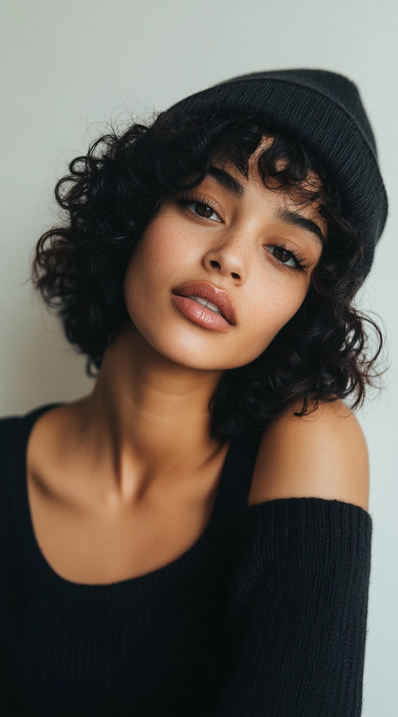 A young woman with a curly bob hairstyle wearing a black beanie, creating a soft, voluminous look.