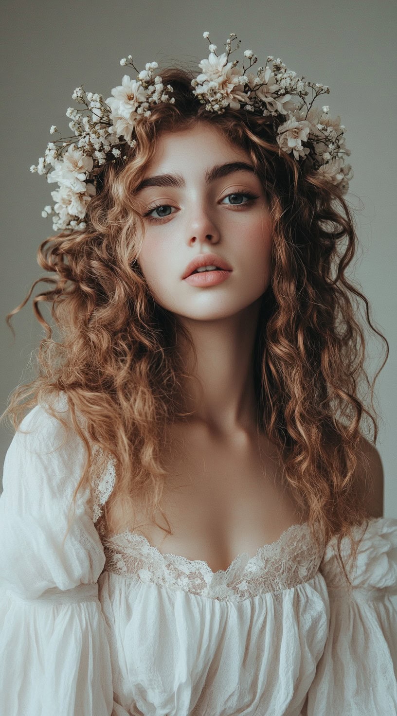 Front view of a woman with voluminous curly hair adorned with a halo of flowers.