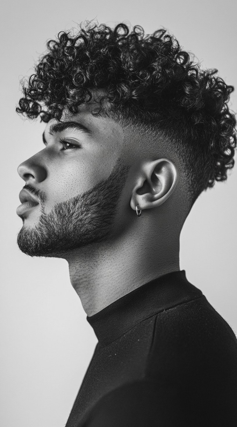 Side profile of a man with a curly fade and a well-defined beard, creating a balanced and stylish appearance.