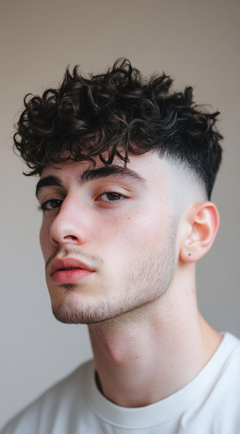 Side profile of a man with a curly fringe and a low fade, creating a trendy and youthful appearance.