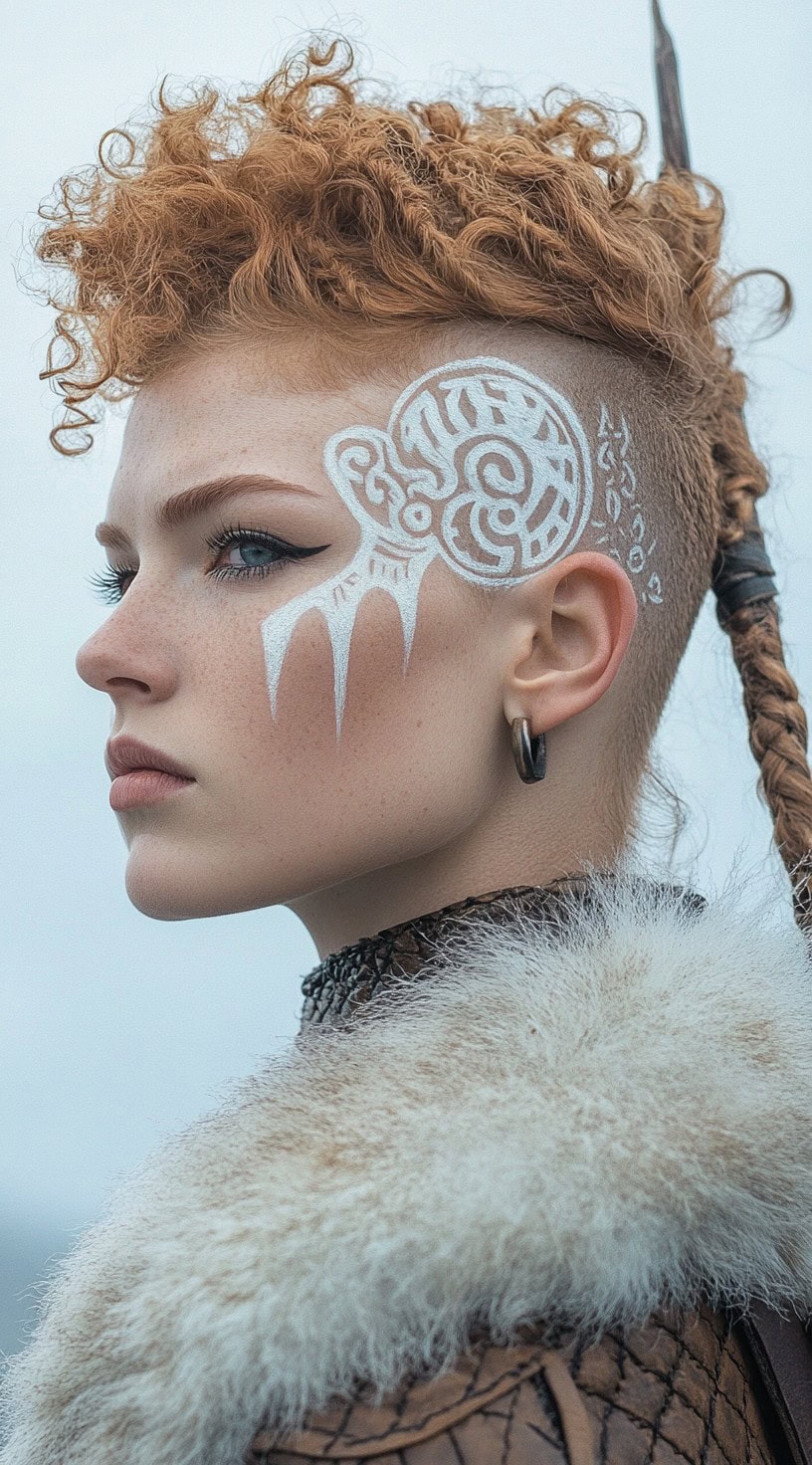 Curly mohawk with a braided hair extension on a woman with red hair and intricate face paint.