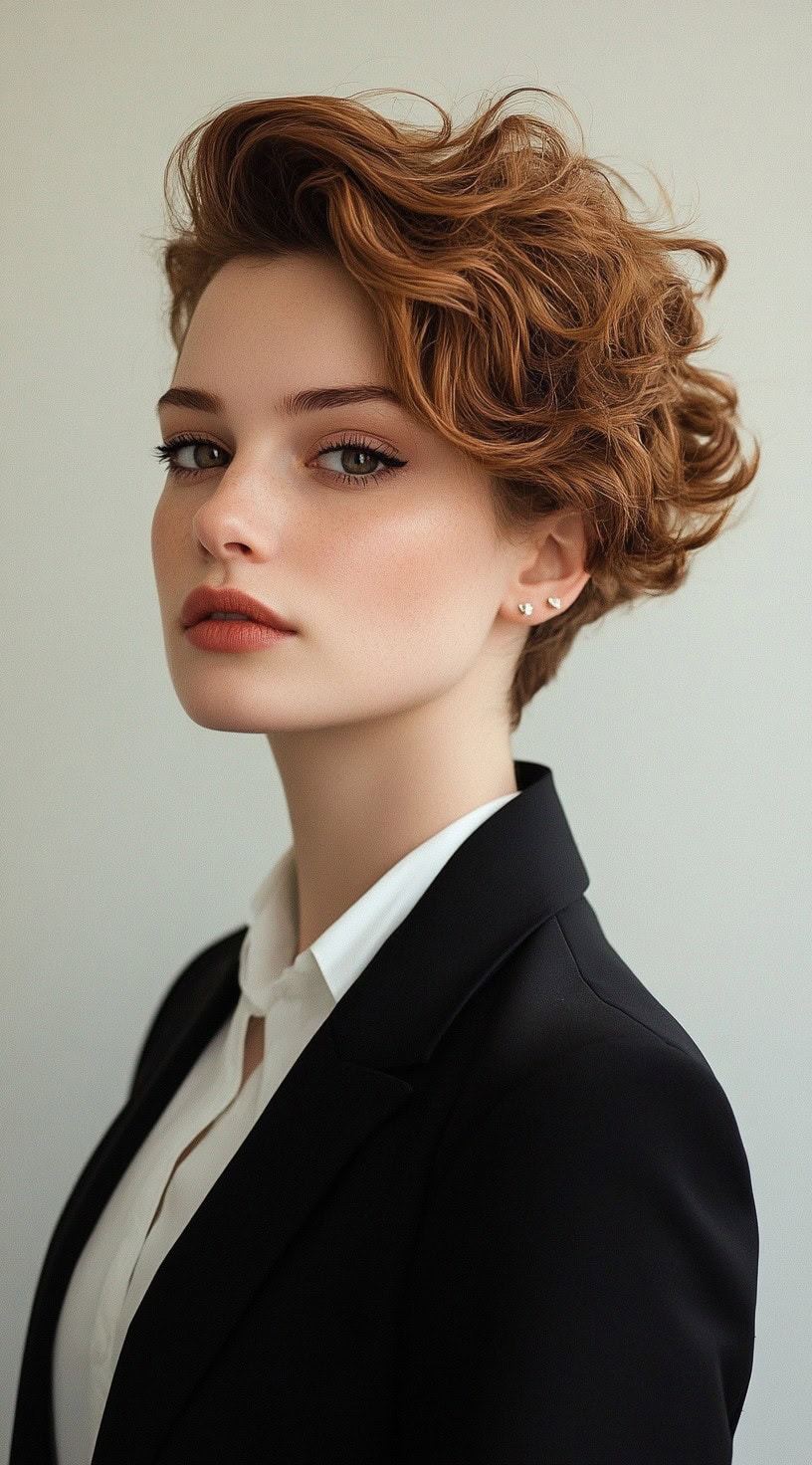 A woman with a curly pixie cut with volume, wearing a black blazer, exuding a classic and elegant look.