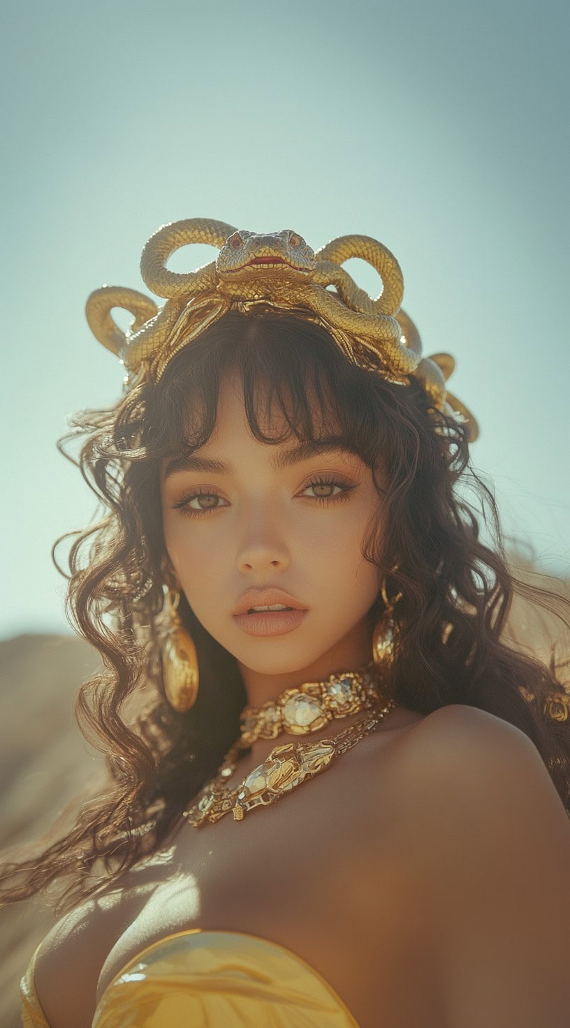 Front view of a woman with dark, curly hair topped with a golden serpent tiara.