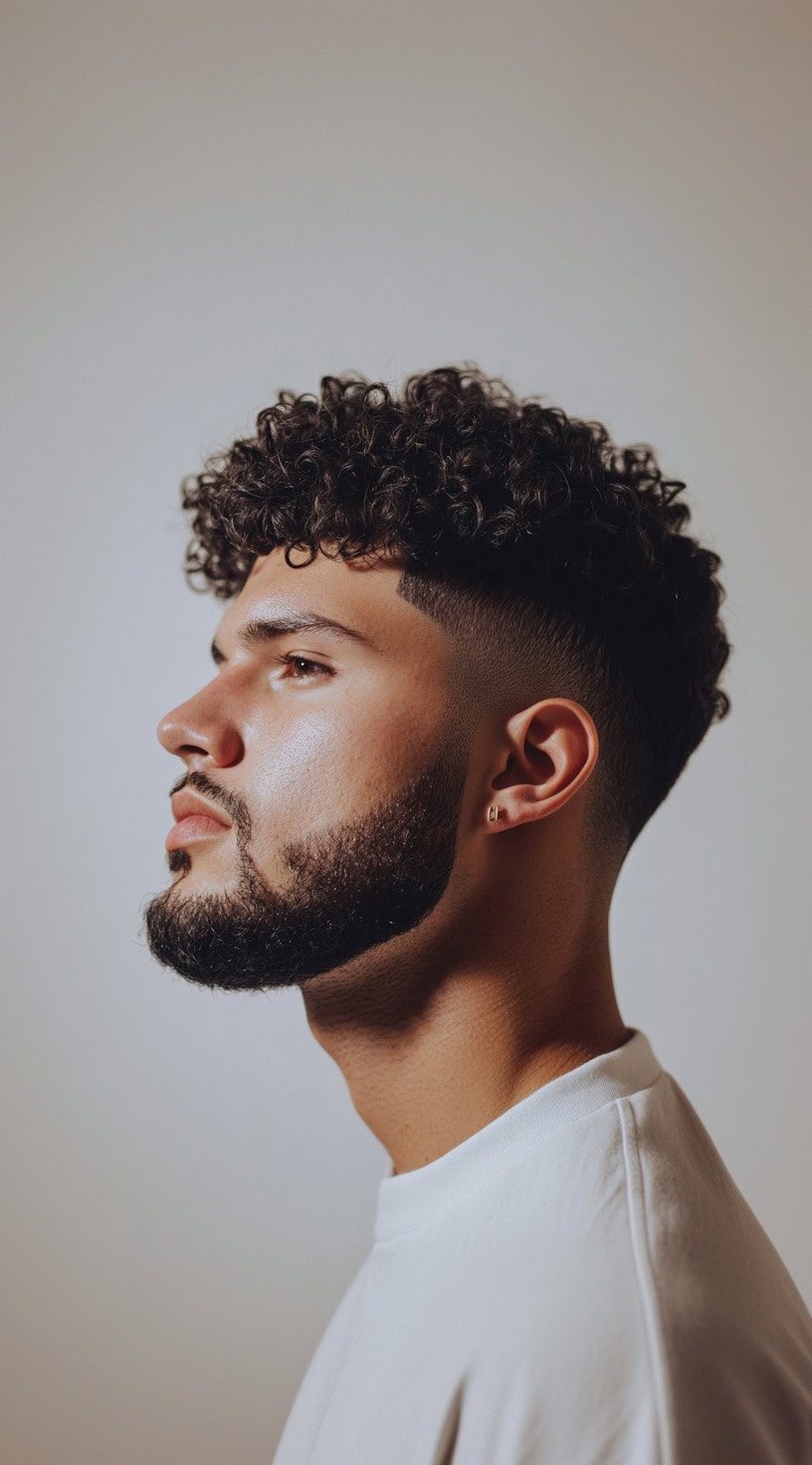 Side profile of a man with a curly top and a high fade, creating a modern and defined look.