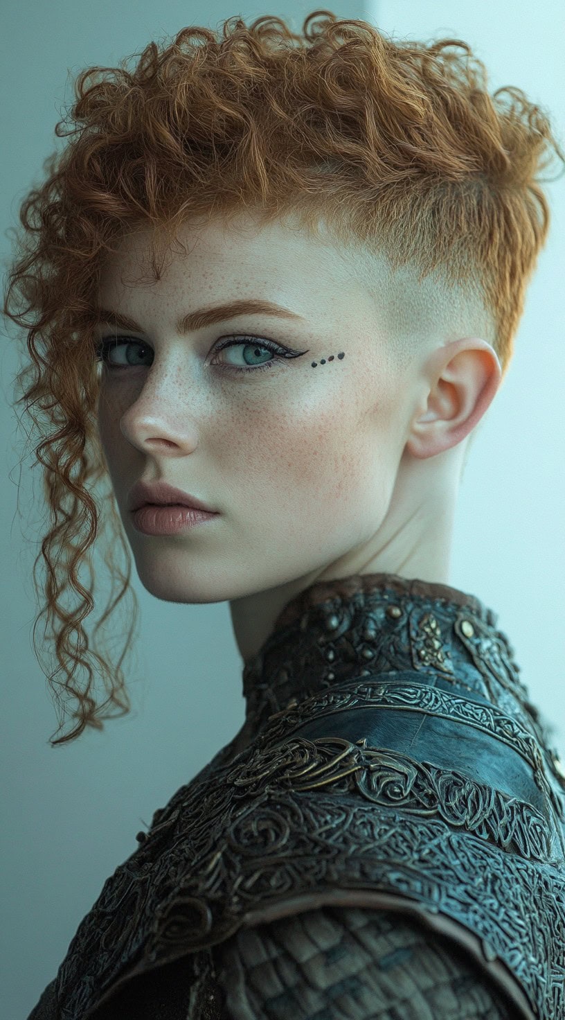 Curly undercut on a red-haired woman with shaved sides and intricate armor.