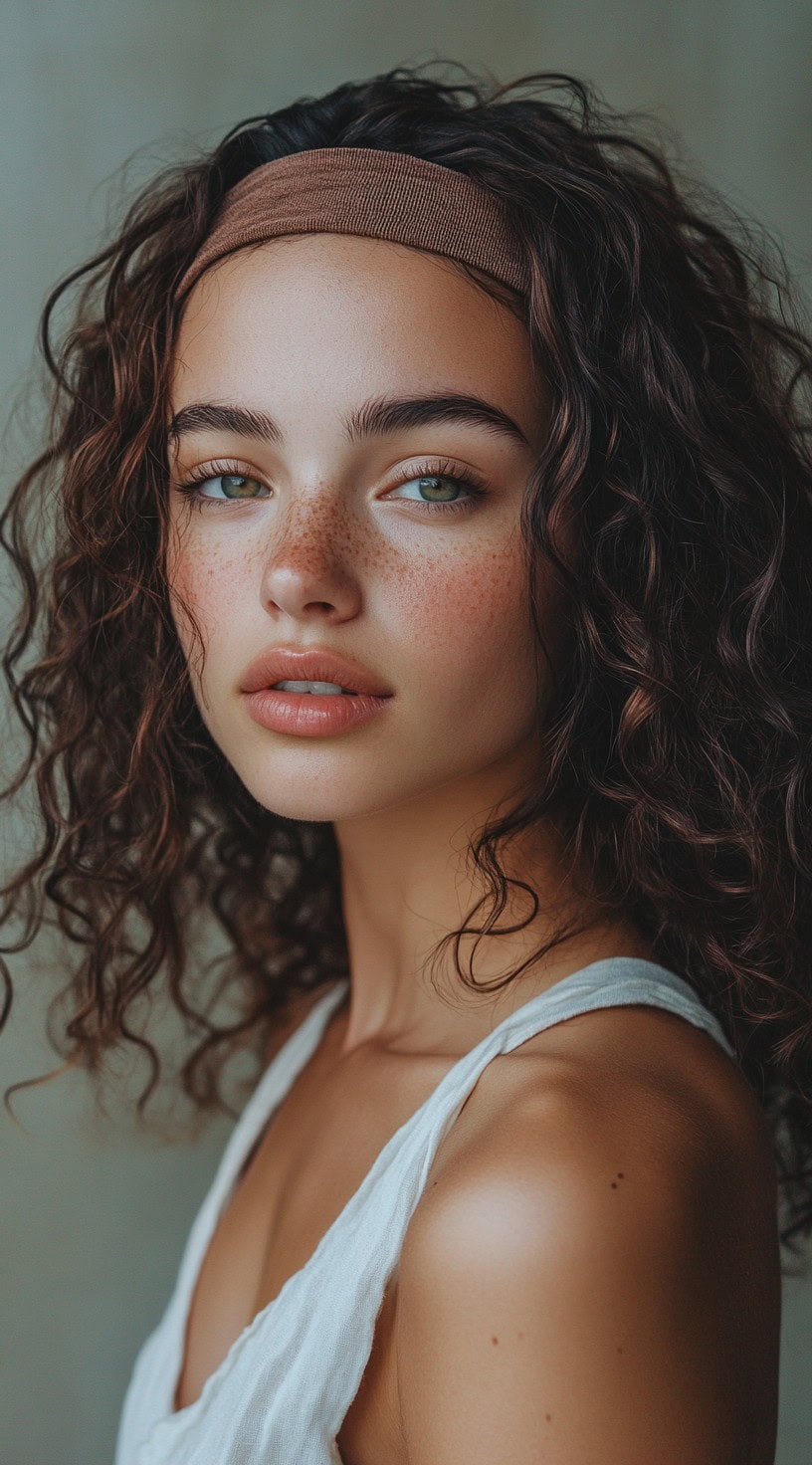 Profile view of a woman with voluminous curly hair and a wide, brown headband.