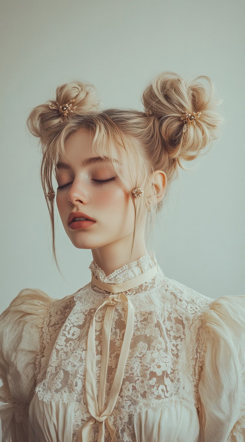 In this picture, a young woman with blonde hair is styled into two cute buns adorned with delicate hair jewelry.