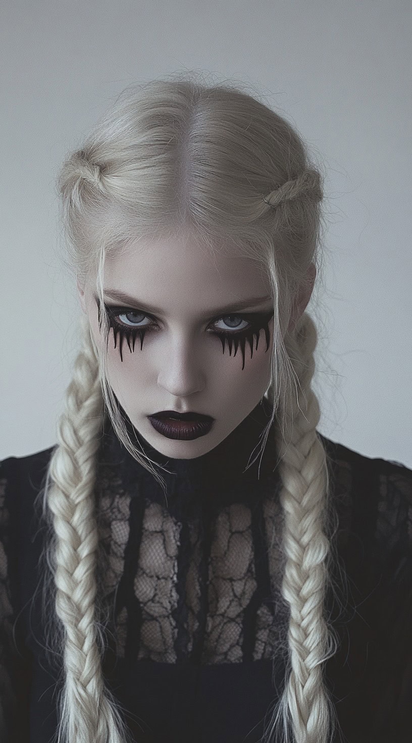 Front view of a woman with double Dutch braids and gothic makeup.