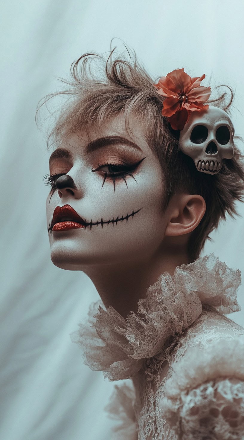 Short pixie cut with skull and flower accessories and clown makeup.