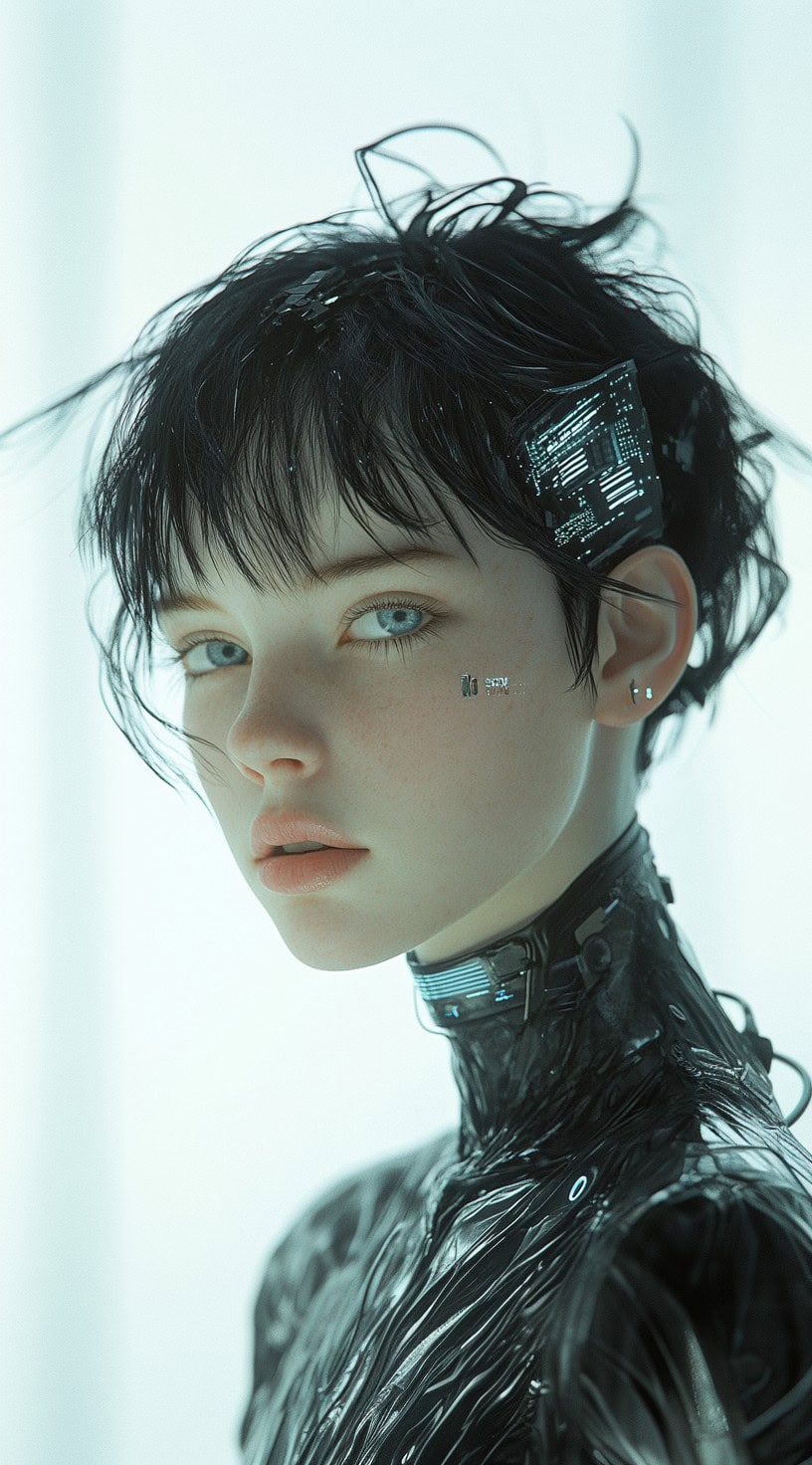 This image depicts a woman with a tousled pixie cut featuring wispy bangs and cyberpunk accessories.