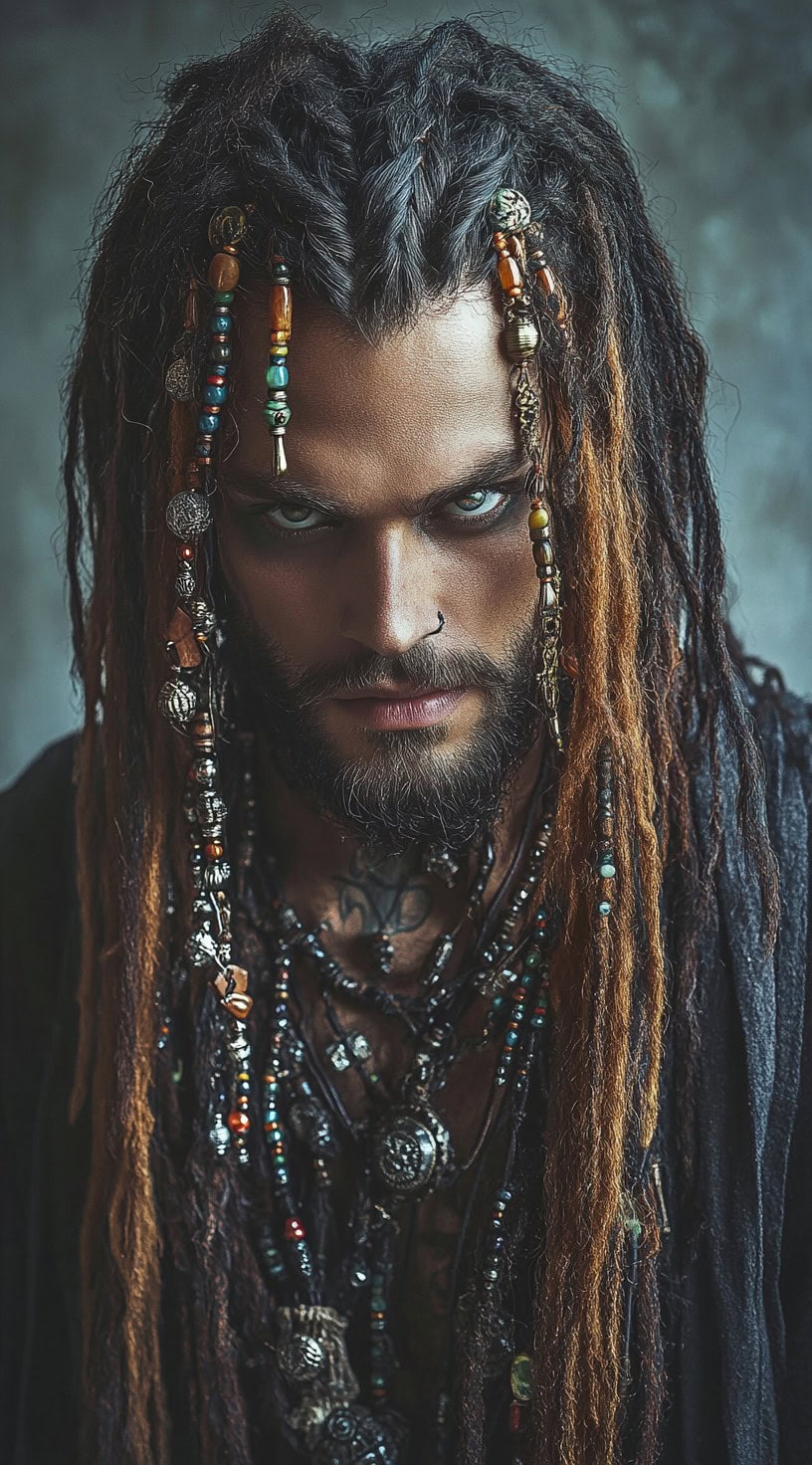 Man with dark dreadlocks featuring dirty blonde highlights, adorned with various beads and trinkets.