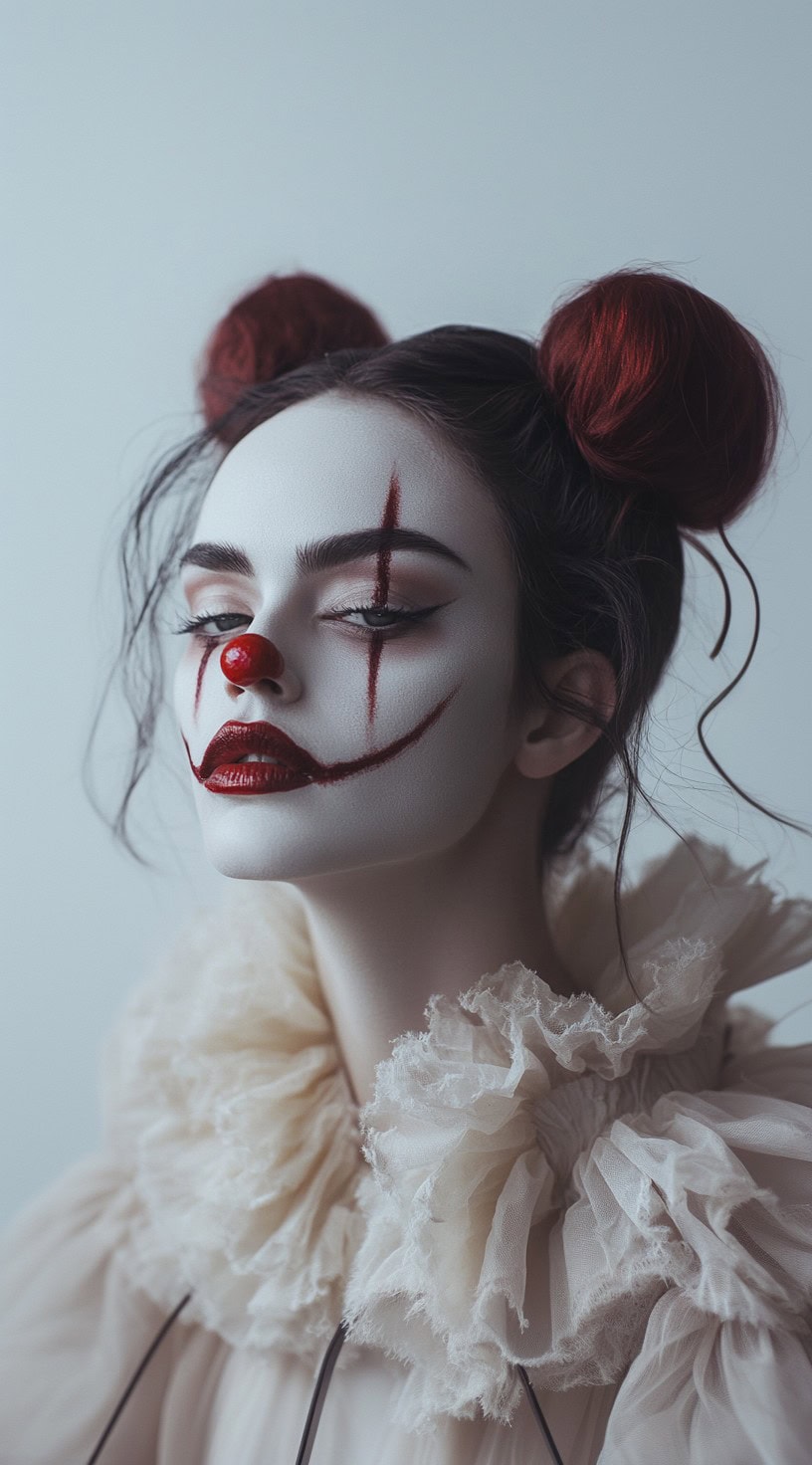 Dark hair styled into space buns with crimson highlights and clown makeup.