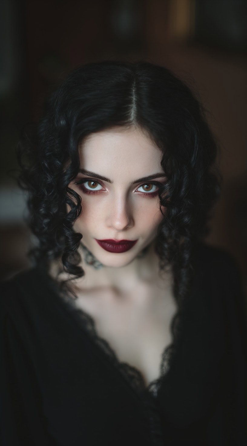 Short black hair styled in tight spiral curls with a center part and dark burgundy lips.