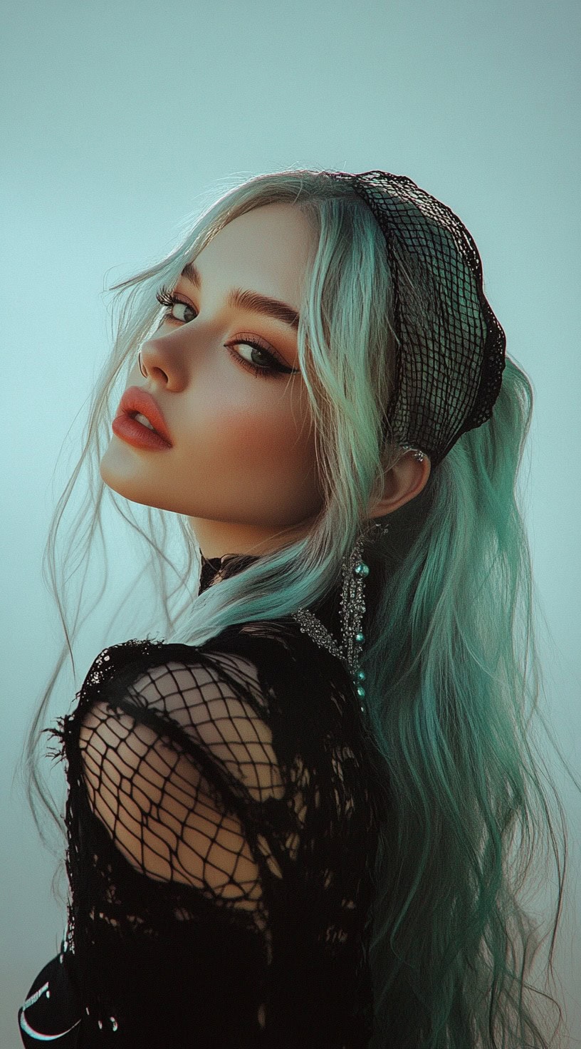 This image shows a person with long, dark teal wavy hair, adorned with a black lace headband.