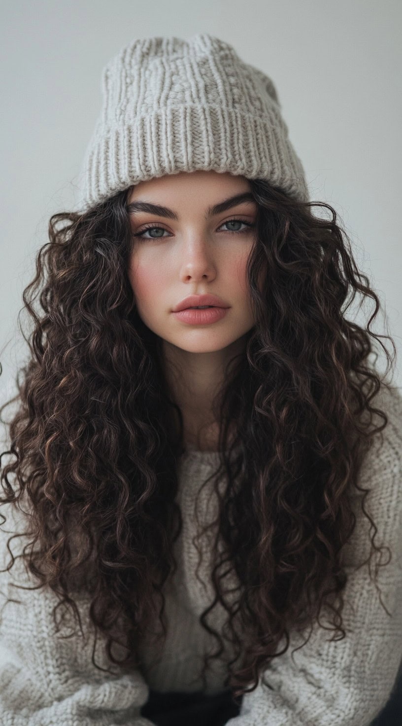 A young woman with long, defined curls and a beige beanie, wearing a cozy sweater.