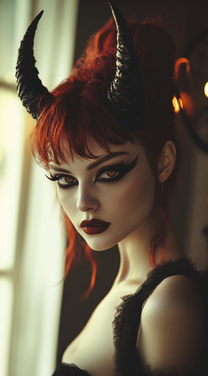 This photograph shows a woman with an updo of fiery red hair, wispy bangs, and black horns.