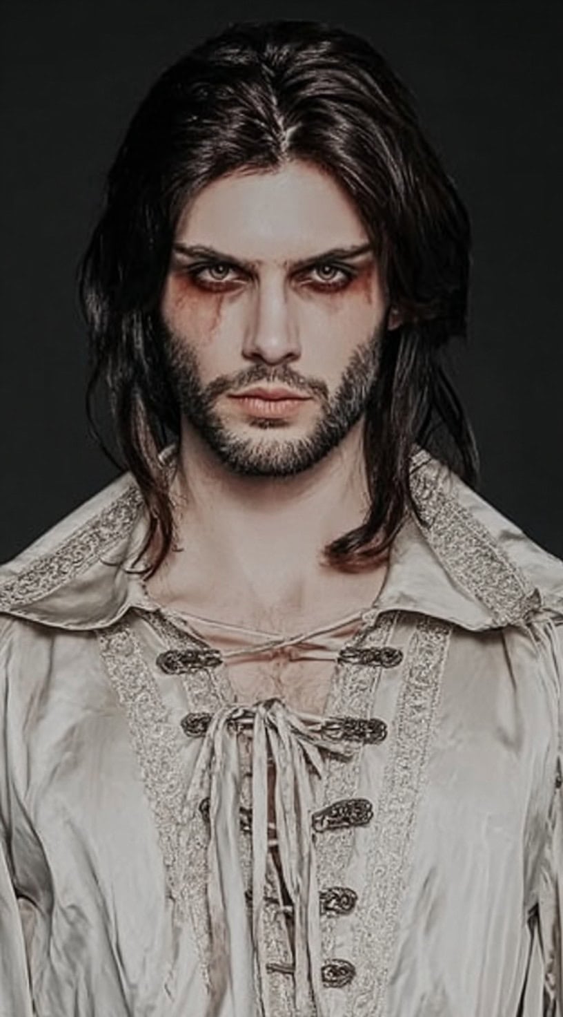 A man with shoulder-length black hair, pale makeup, and dark under-eye shading wears a silver-toned lace-up shirt.