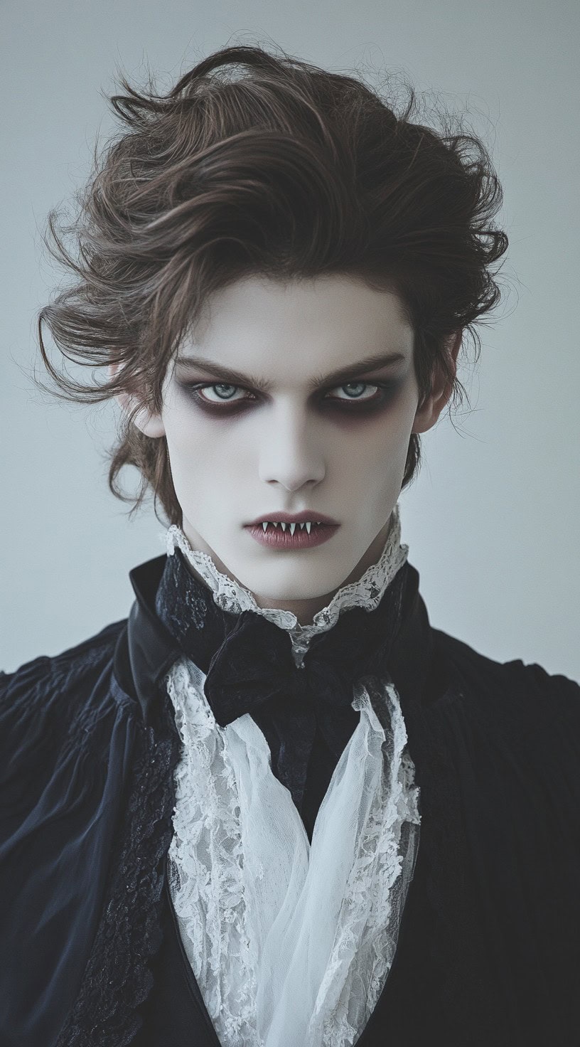 Front-facing shot of a man with disheveled hair and dark, dramatic makeup.