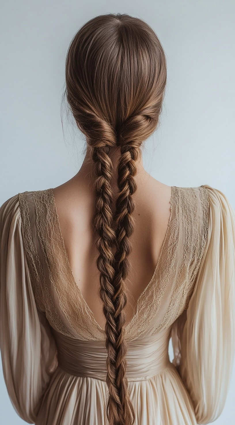 A rear view of a woman with a double braided hairstyle, wearing a vintage-inspired dress.