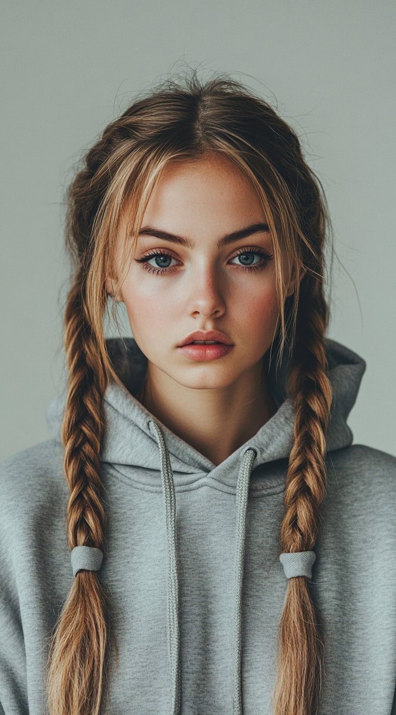 Front-facing view of a young woman with double braided pigtails, wearing a grey hoodie.