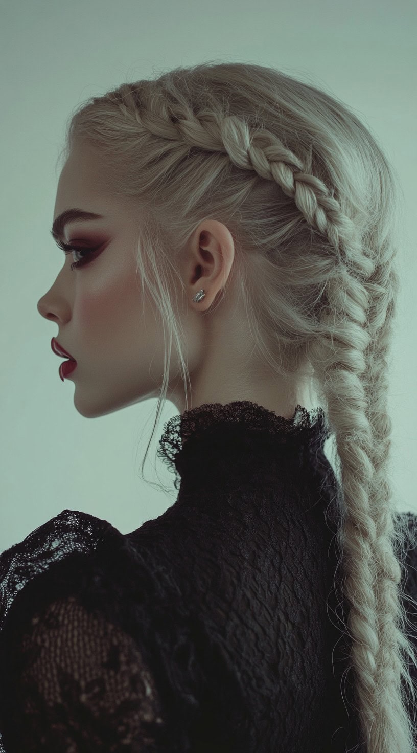 In the photo, a woman with a double braided updo and intricate lace details looks to the side.