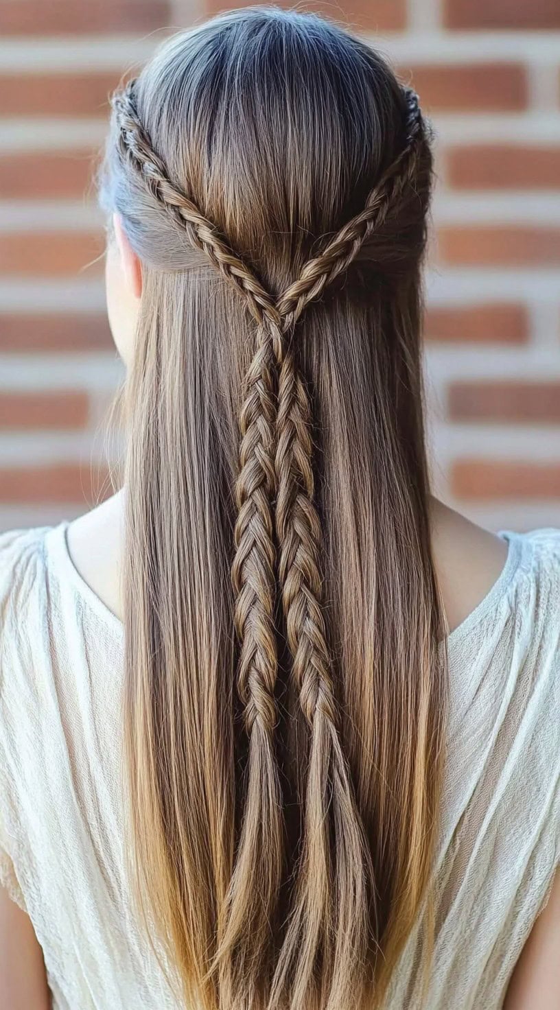 Back view of a woman with double braids flowing into straight ends, showcasing a blend of braiding and sleekness.