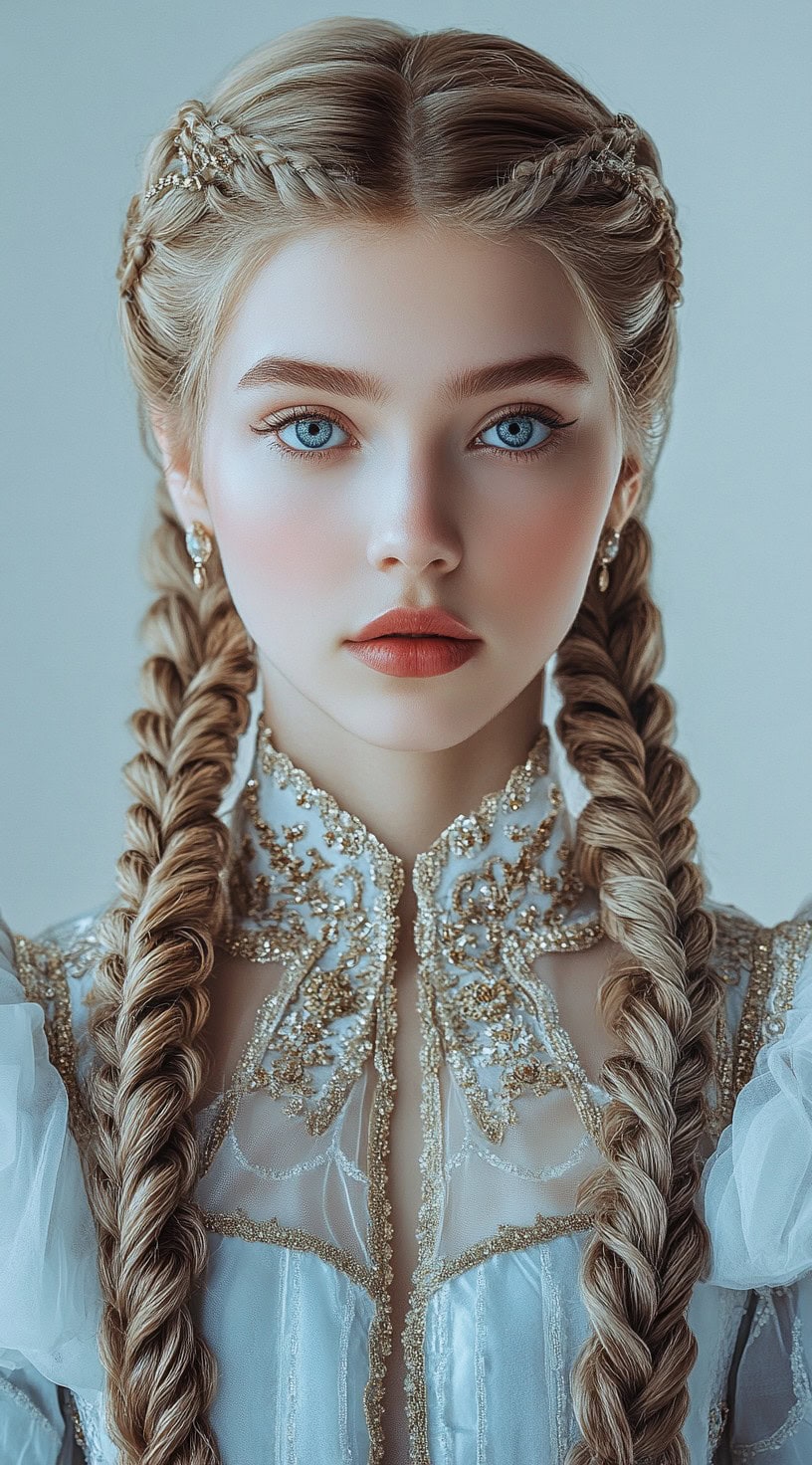 Front view of a woman with double Dutch braids adorned with delicate accessories, wearing an intricately embroidered gown.