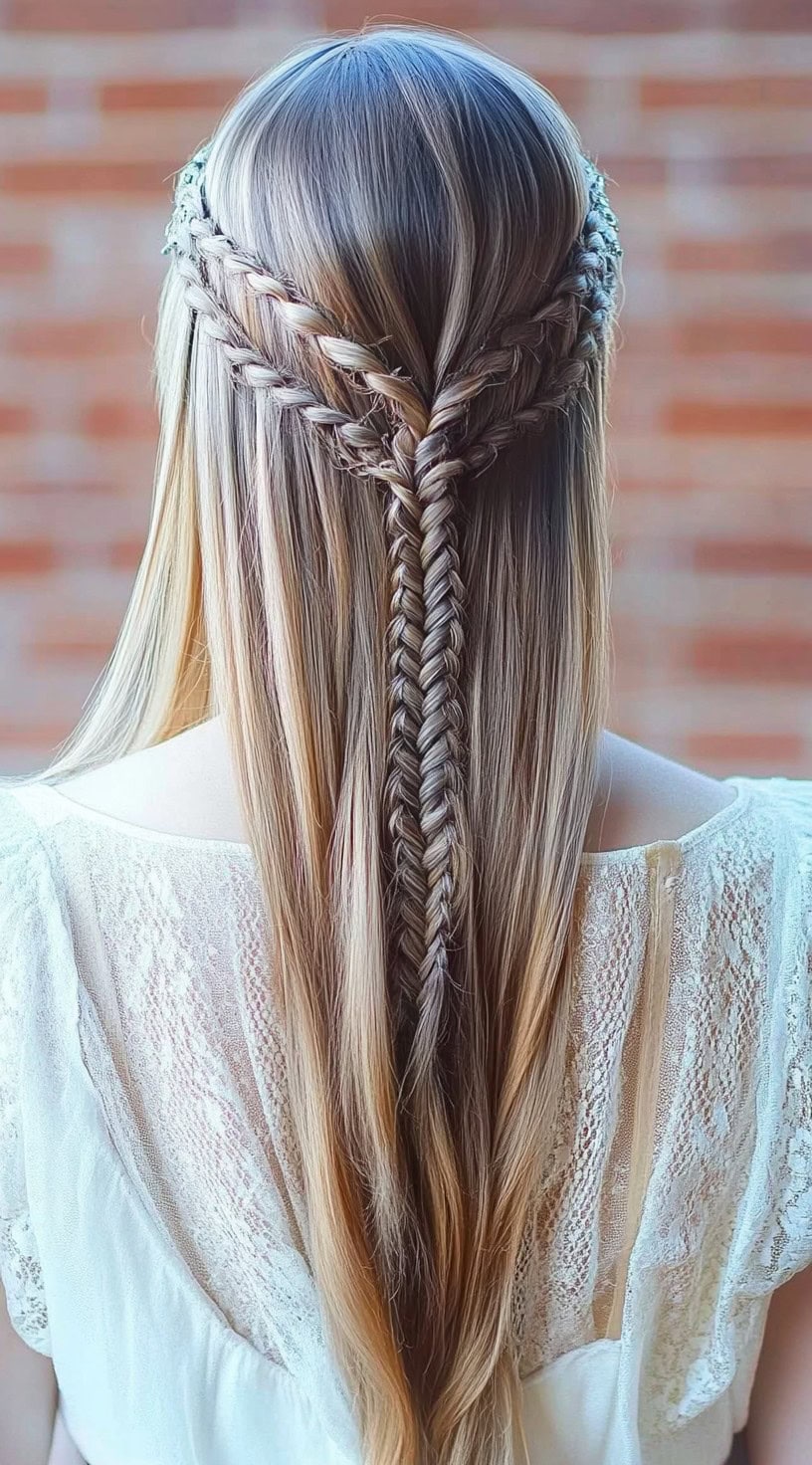 Back view of a woman with a double fishtail braids and a double braided crown incorporated into sleek flowing hair, creating a mix of structure and flow.