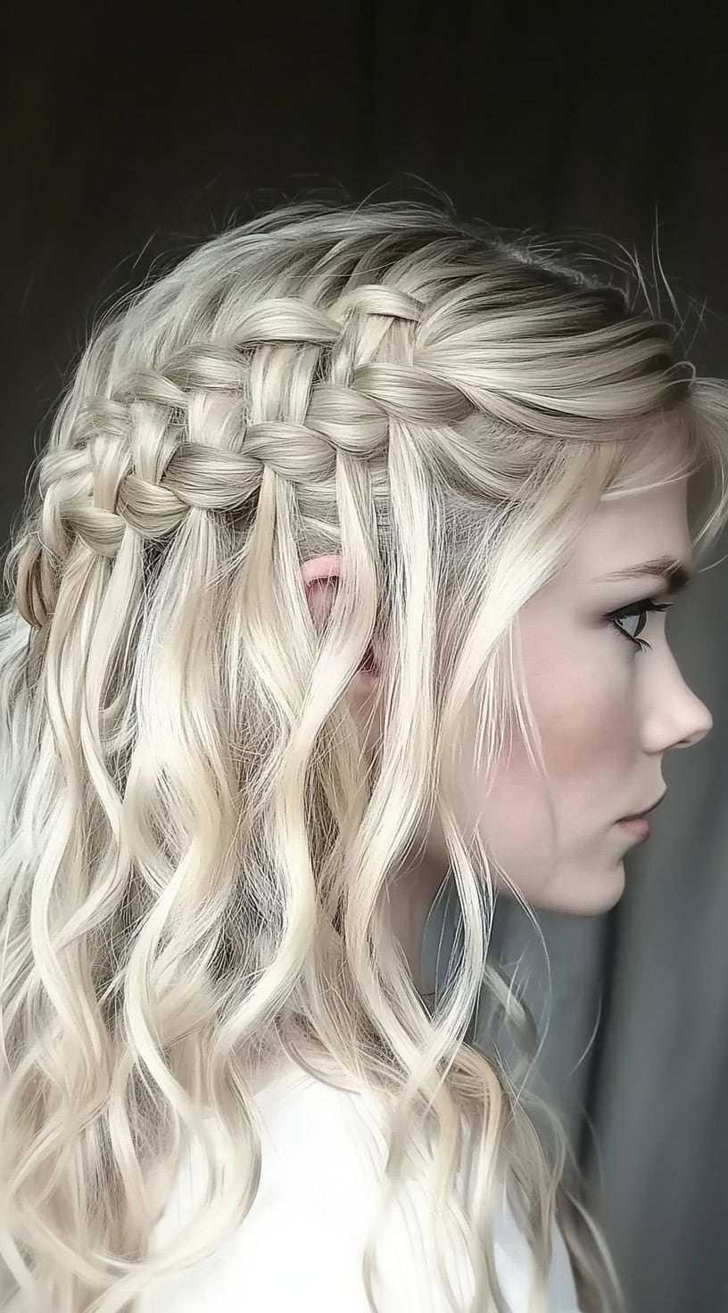 Double waterfall braids on a blonde woman with long, wavy hair.