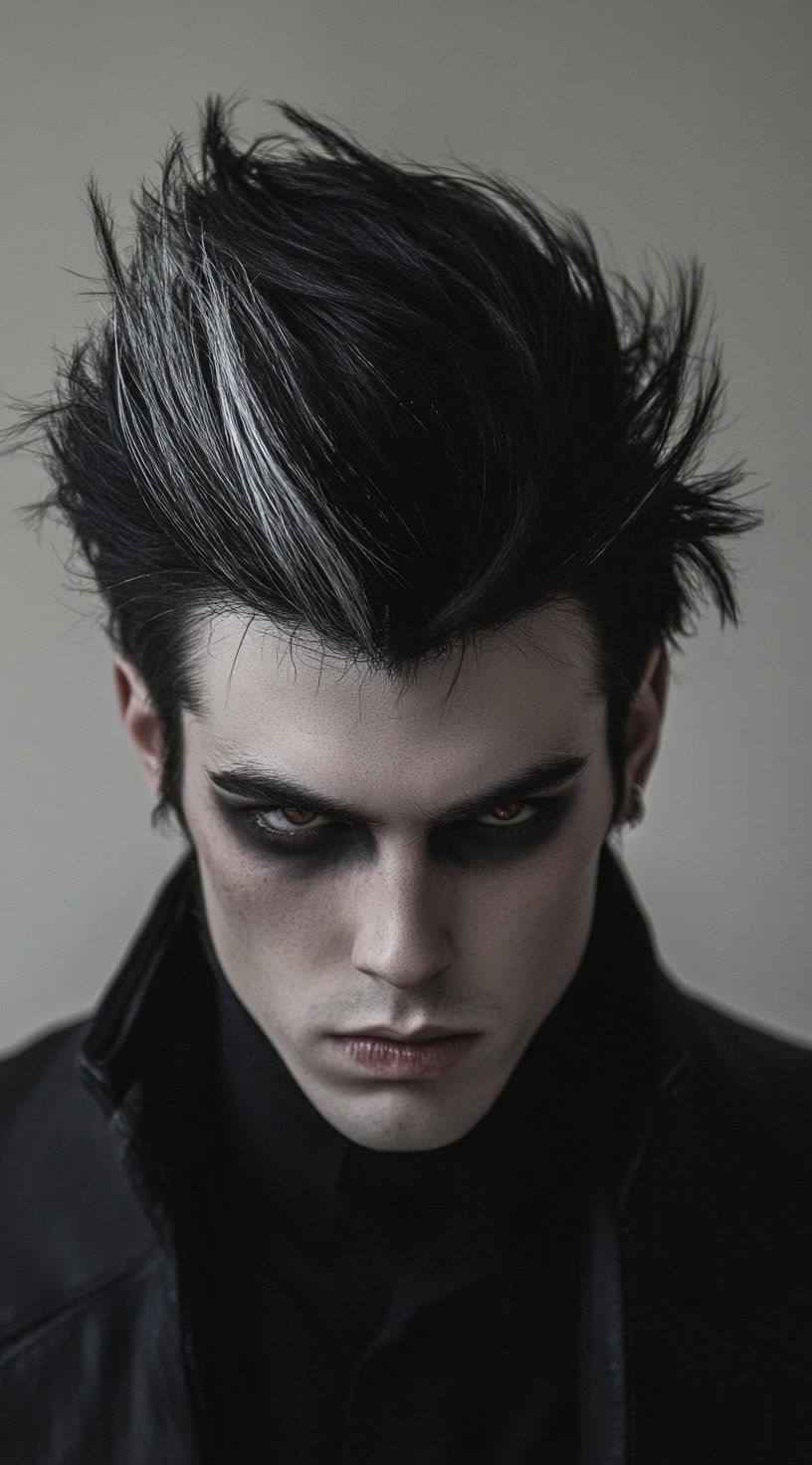 Dark pompadour hairstyle with streaks of white, intense makeup accentuating the look.