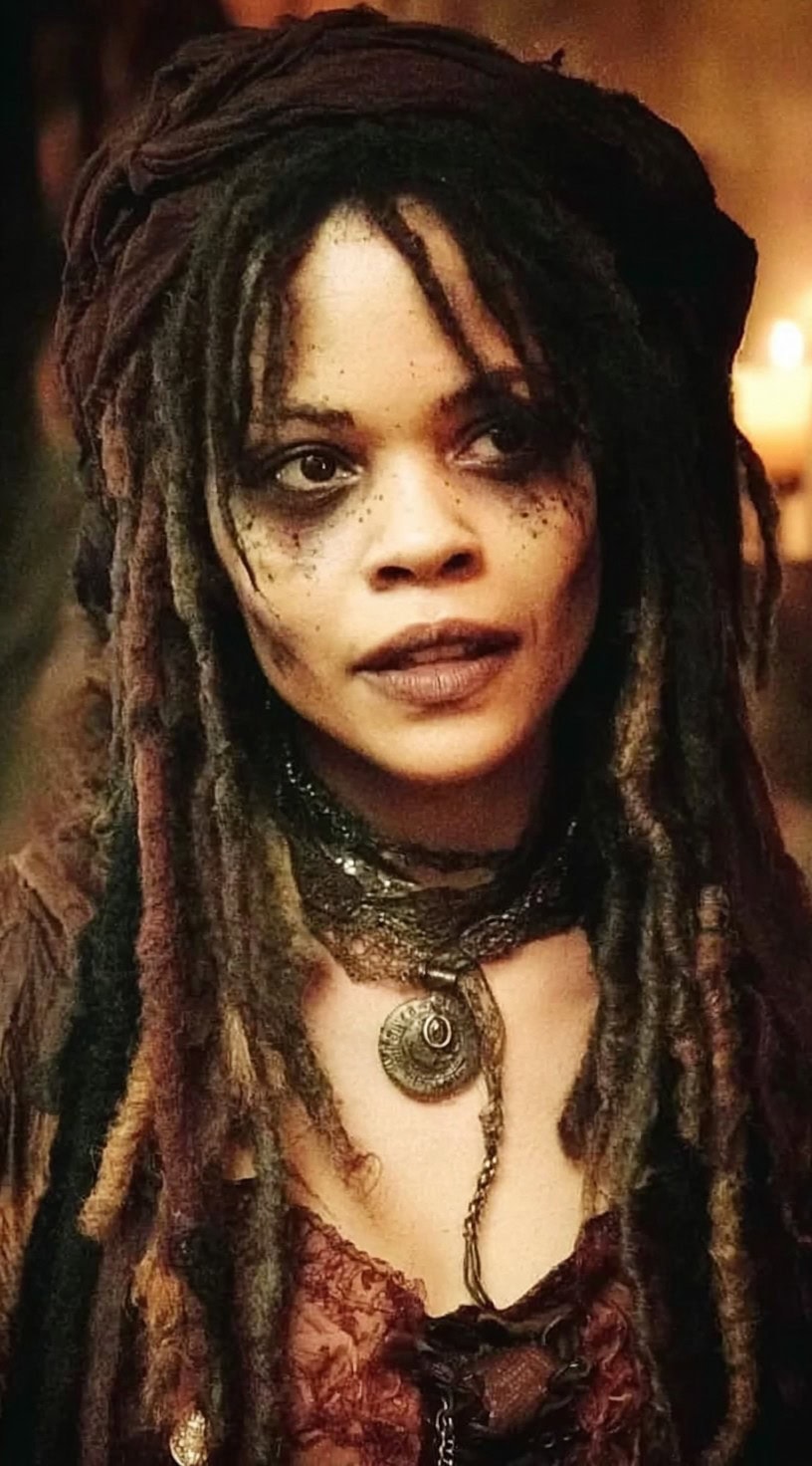 Black woman with dark, thick dreadlocks under a brown head wrap, wearing pirate accessories.
