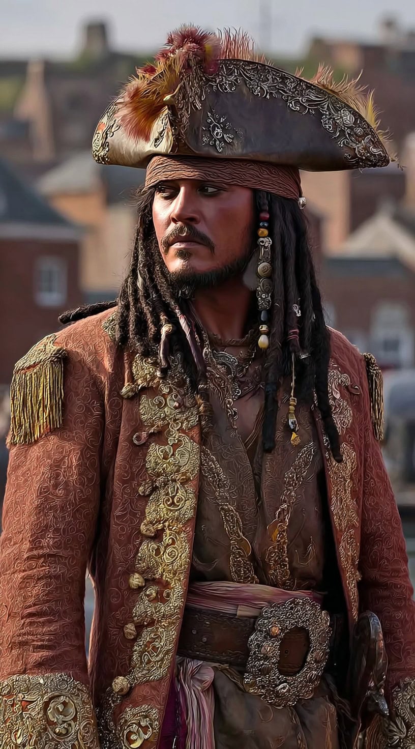A man in an ornate pirate outfit wears beaded dreadlocks, a feathered tricorn hat, and layers of accessories.