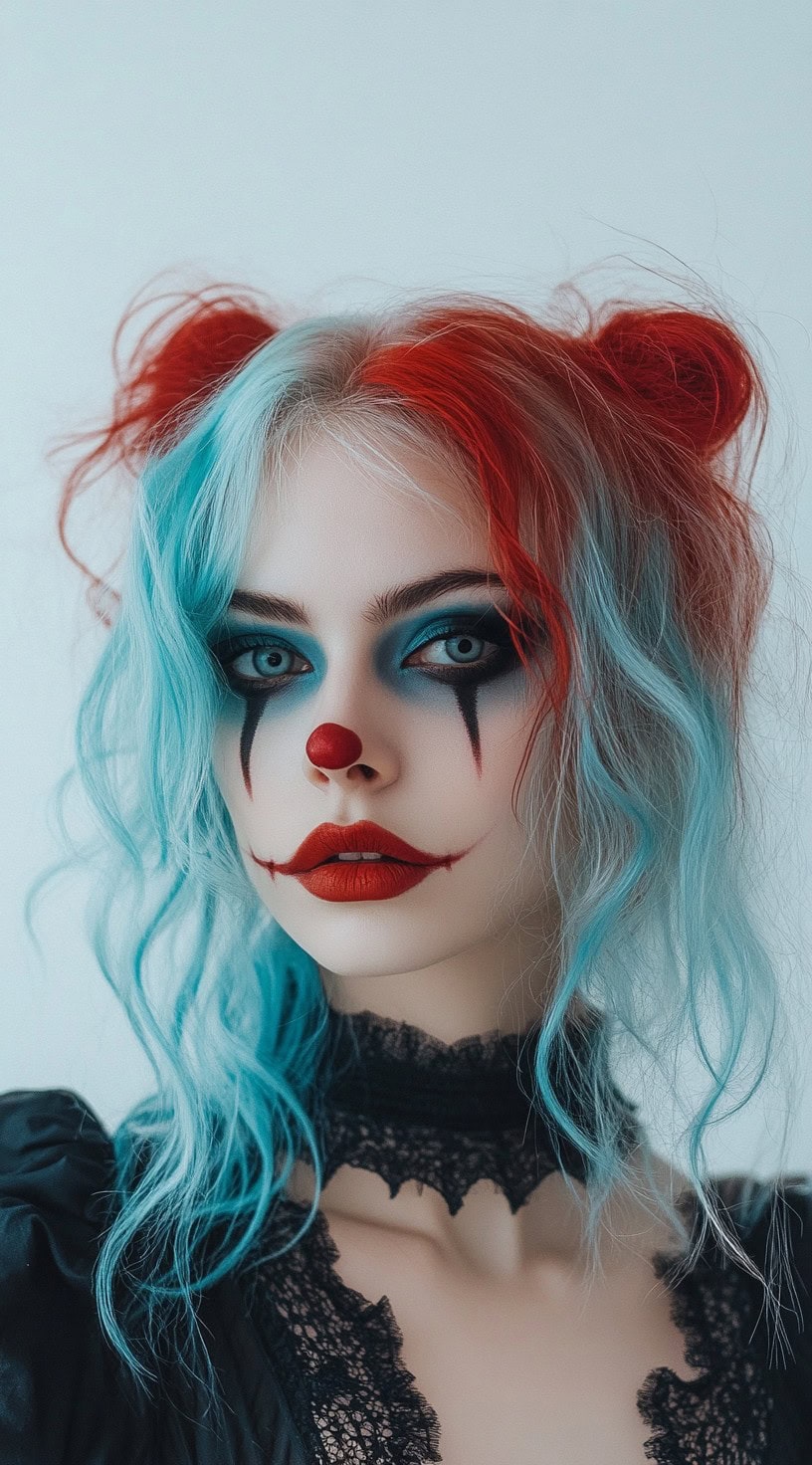 A person with blue and red dual-toned hair styled into two space buns, featuring clown makeup.