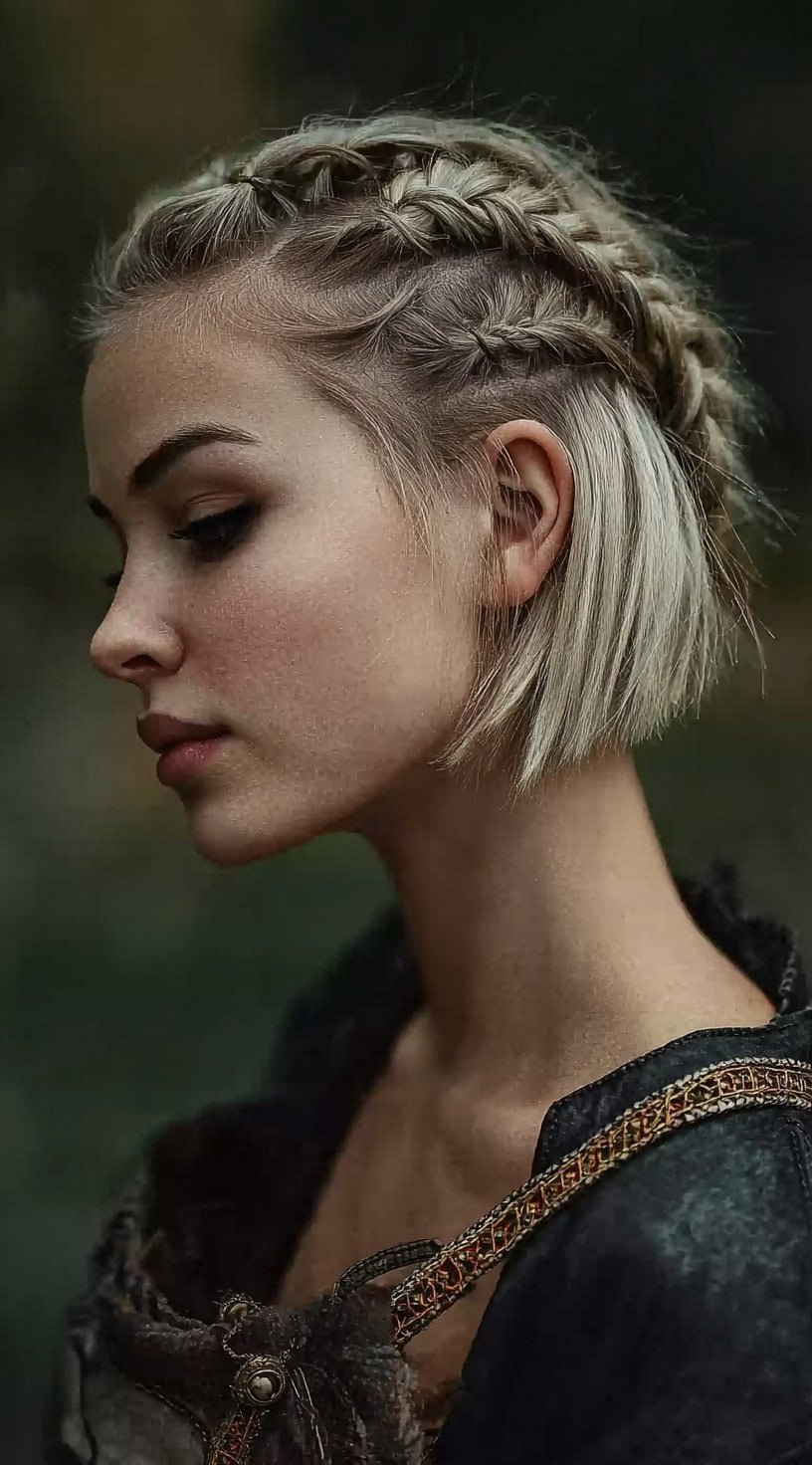 A blonde woman with a short bob has two Dutch braids starting at the hairline and meeting at the back of the head.