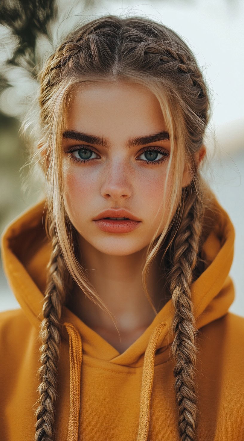 Front view of a young woman with Dutch braided pigtails, wearing a mustard-colored hoodie.