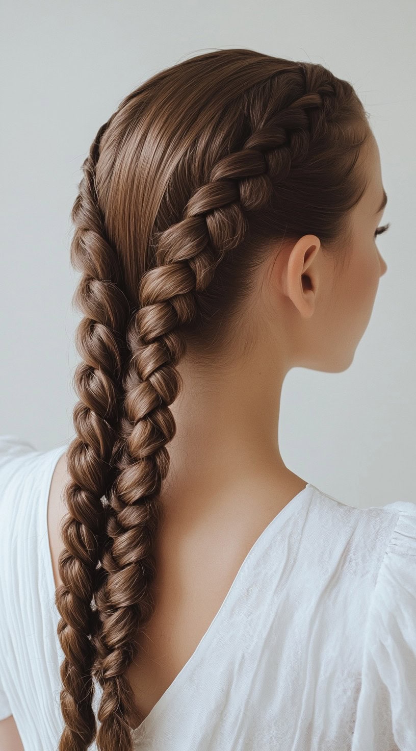 A profile view of a woman with two tight Dutch braids, wearing a white blouse.