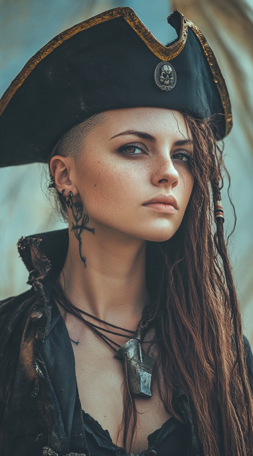 A woman with one side of her head shaved, long hair, and braids, wearing a pirate hat.