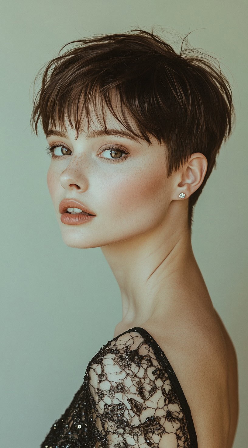 A woman with an edgy spiky pixie cut with textured layers, wearing a lace high-neck top, exuding a bold and modern look.